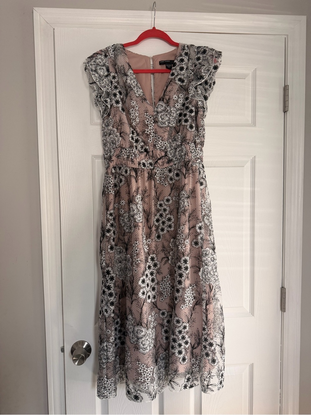 Maggy London Blush Pink Floral Midi Dress with Black & White Lace Motif